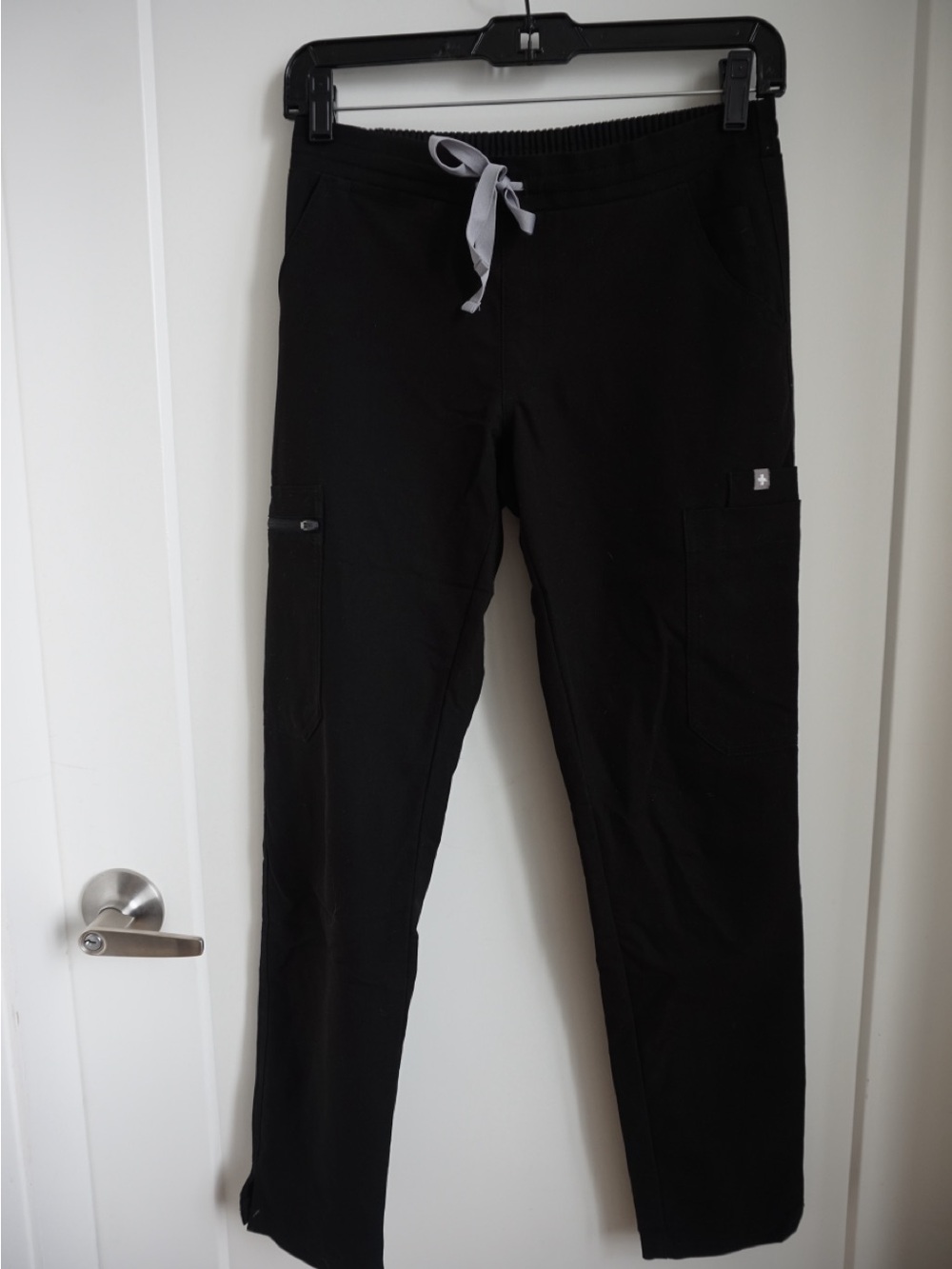 Figs Black Cargo Scrub Pants with Gray Drawstring